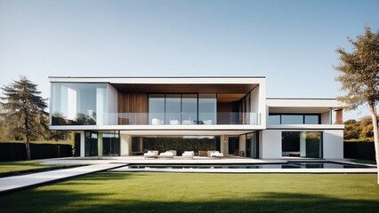Modern villa with a minimalist exterior, incorporating clean lines and large glass panels