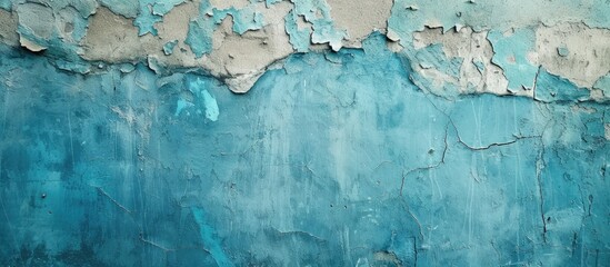 This photo captures a blue wall with peeling paint, showcasing the texture and color of the worn surface.