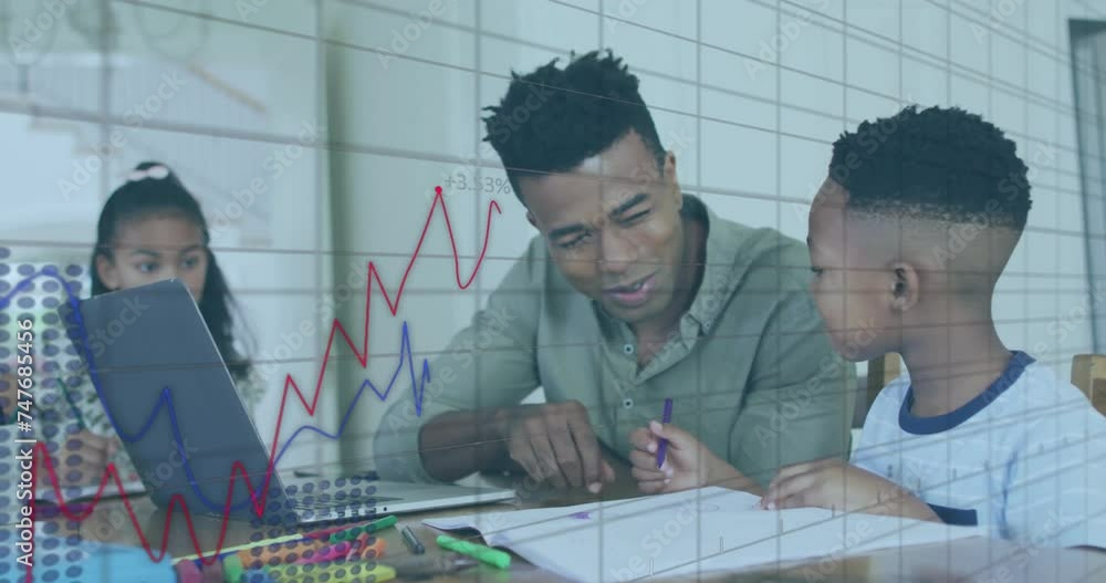 Poster animation of financial data processing over diverse man and son using laptop for homework