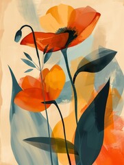 A painting featuring vibrant orange and blue flowers on a soft beige background, creating a striking contrast and focal point.