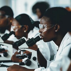 Black scientist looking into camera for research African woman biochemist using microscope in modern equipped laboratory. Black scientist doctor working with various bacteria, tissue, blood samples, 