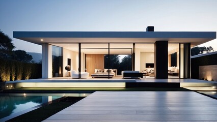 Fototapeta na wymiar Modern villa with a minimalist exterior, incorporating clean lines and large glass panels