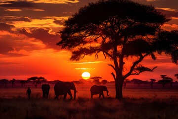 Fototapeta na wymiar Her Majesty's Court: The Majesty of African Elephants Migrating Across Twilight Savannah