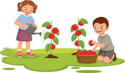 Obraz na płótnie Canvas Happy little kids gardening planting watering harvesting tomatoes 