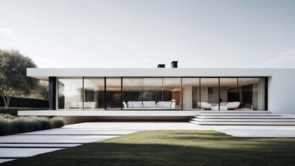 Modern villa with a minimalist exterior, incorporating clean lines and large glass panels