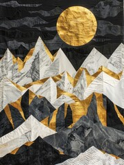 A handmade quilt featuring a detailed mountain landscape with a large moon in the sky as the background.