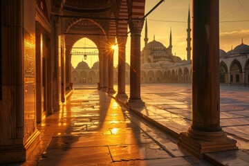 beautiful view of the mosque with the morning sun in the background - generative ai