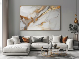 Modern Living Room with Abstract Golden Marble Art. 