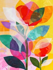 A vibrant painting of a flower set against a sunny yellow backdrop, showcasing intricate details and vivid colors.