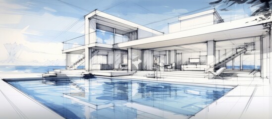A detailed drawing of a modern villa featuring a swimming pool, set against a backdrop of the sea. The architectural design showcases a white interior with large windows. - obrazy, fototapety, plakaty