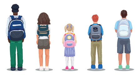 Set of students with backpacks on white background, back view