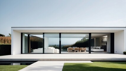 Modern villa with a minimalist exterior, incorporating clean lines and large glass panels