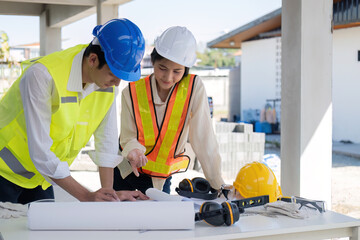 Civil engineer teams meeting working together wear worker helmets hardhat on construction site in modern city. Foreman industry project manager engineer teamwork. Asian industry professional team