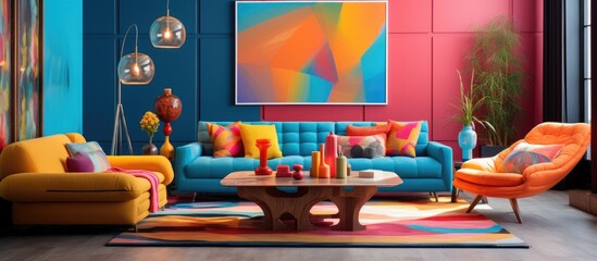 A colorful living room filled with various pieces of furniture, including a sofa, coffee table, and armchair. A large painting adorns the wall, adding a focal point to the space.
