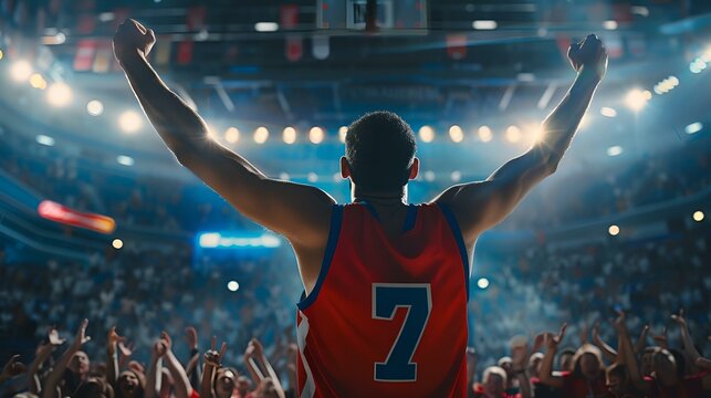 African american basketball superstar player with cheering audience of fans, cinematic sports capture showcasing action from behind.