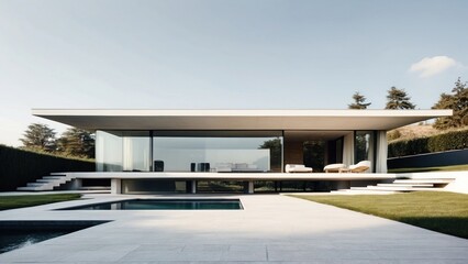 Fototapeta premium Modern villa with a minimalist exterior, incorporating clean lines and large glass panels
