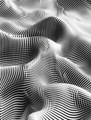 A black and white composition featuring dynamic and fluid wavy lines creating an abstract visual pattern.