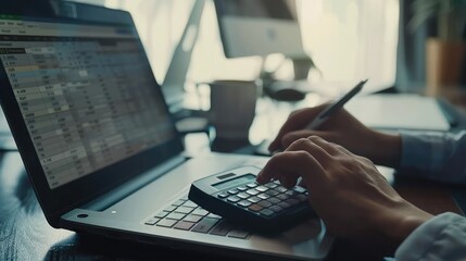 accountant working on desk using calculator for calculate finance report in office