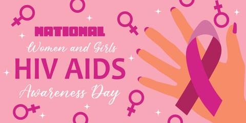 Awareness banner for National Women and Girls HIV AIDS Awareness Day with female hand holding awareness ribbon - obrazy, fototapety, plakaty