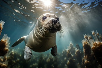 Seehund neugierig unter Wasser, ein Seehund schwimmt unter der Wasseroberfläche durch ein Riff - obrazy, fototapety, plakaty