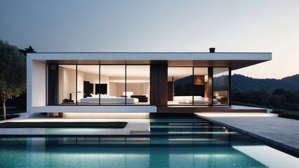Fototapeta premium Modern villa with a minimalist exterior, incorporating clean lines and large glass panels