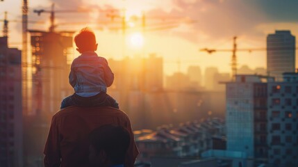 Asian boy on father's shoulders with background of new high buildings and silhouette construction cranes of evening sunset - obrazy, fototapety, plakaty