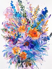 A watercolor painting depicting a vibrant bouquet of assorted flowers in full bloom, showcasing a mix of colors and delicate petals meticulously detailed.