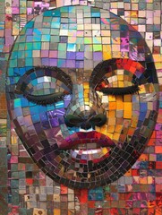 A mosaic artwork depicting a face made entirely of small, various colored tiles, carefully arranged to form the features of a face.