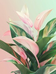 A painting of a pink flower with vibrant green leaves, capturing the beauty of nature in a detailed and colorful art piece.