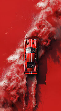 An Aerial View Of A Red Racing Car On A Red Background With Smoke Coming Out Of It