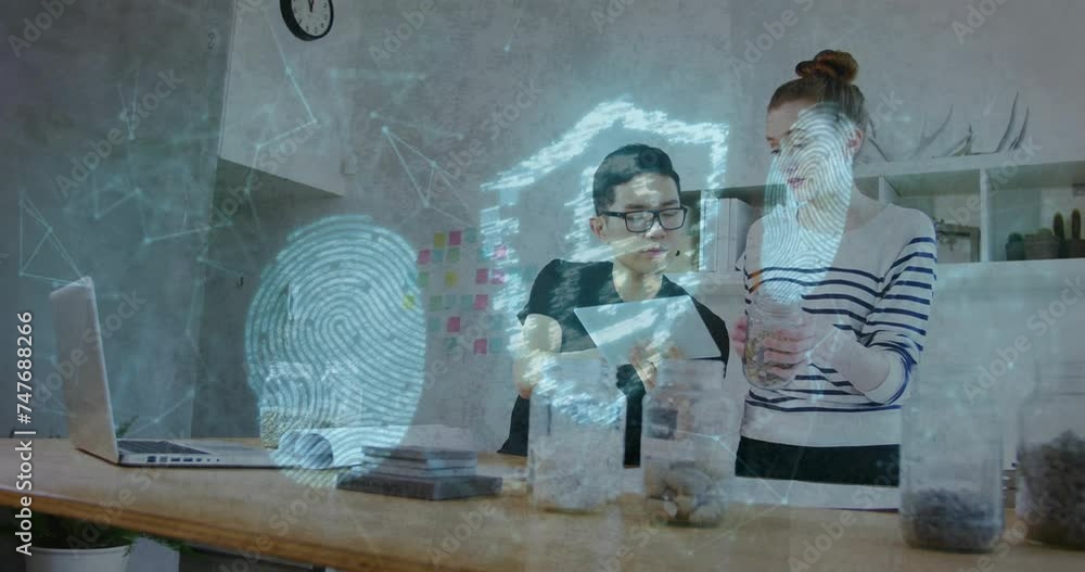 Poster animation of padlock and data processing over diverse business people in office