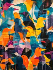 A colorful painting showcasing a variety of bird species in different sizes and hues, creating an eye-catching visual display of avian diversity.