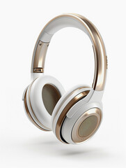 A pair of high-end white headphones with gold accents, depicted in a clean and classic composition on a white backdrop