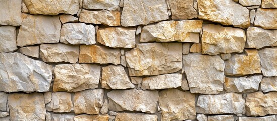 A detailed image showcasing a beige stone wall constructed using a variety of differently sized rocks.