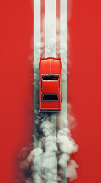 An Aerial View Of A Red Racing Car On A Red Background With Smoke Coming Out Of It