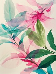 A painting featuring vibrant pink and green flowers set against a clean white background, adding a pop of color to any space.
