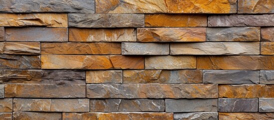 This close-up photo showcases the detailed pattern of a brown stone block wall, adding a rustic appeal to any setting.