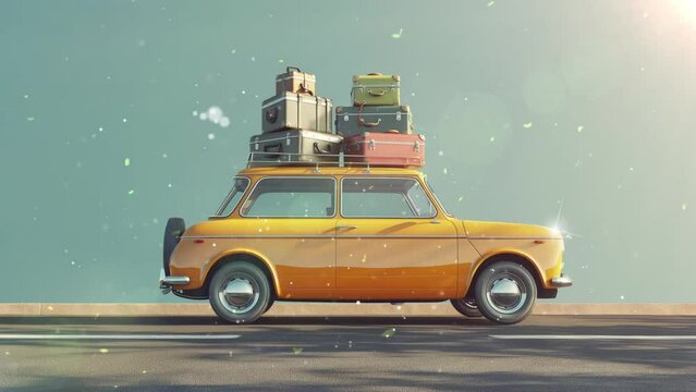 car with luggage ready for summer travel holidays 3d. seamless looping overlay 4k virtual video animation background