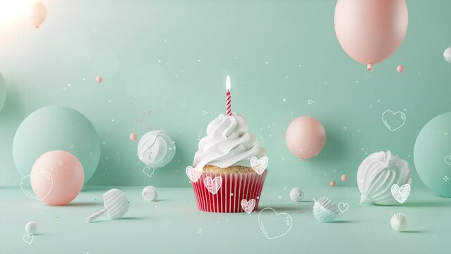 cupcake with candles balloon and paper caps on mint background. seamless looping overlay 4k virtual video animation background