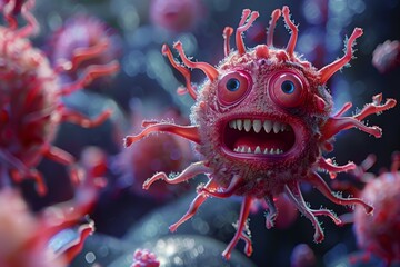 A funny cartoonized virus with a face, AI-generated illustration - obrazy, fototapety, plakaty