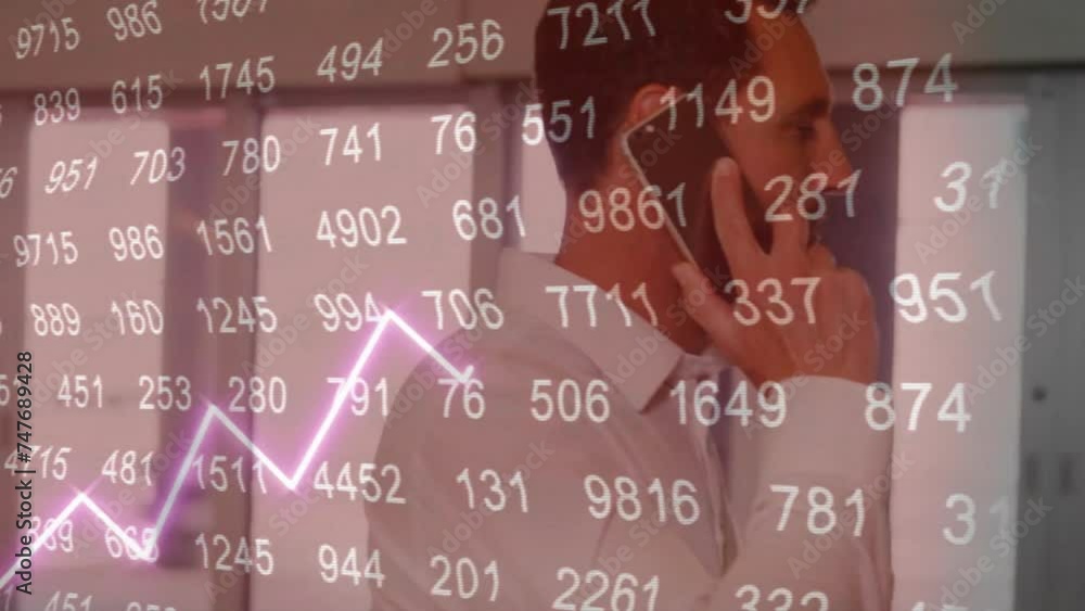 Aufkleber animation of financial data processing over caucasian man using smartphone