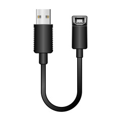 シンプルなイラスト_黒い変換ケーブル_USB Type-A 2.0からUSB Type-B 2.0 メス