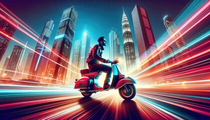 Speeding Scooter Rider in Futuristic Cityscape.