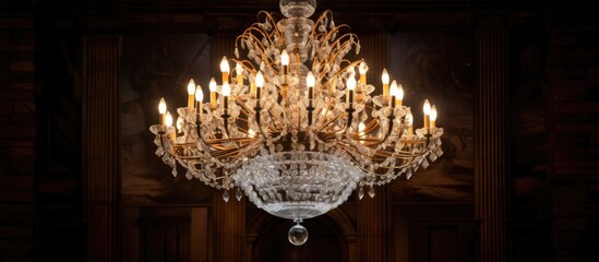 A chandelier is suspended from the ceiling in a dimly lit room, casting intricate shadows on the walls. The intricate crystal design of the chandelier catches the light,