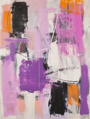 An abstract painting featuring bold purple, orange, and white colors in dynamic, intertwining patterns, creating a vibrant and energetic visual experience.
