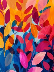 A painting featuring a variety of colorful leaves against a vibrant blue background, creating a striking contrast and lively visual composition.