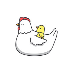Chicken and chick on white background. Vector illustration in cartoon style.