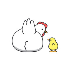 Chicken and chick. Cute vector illustration. Isolated on white background.