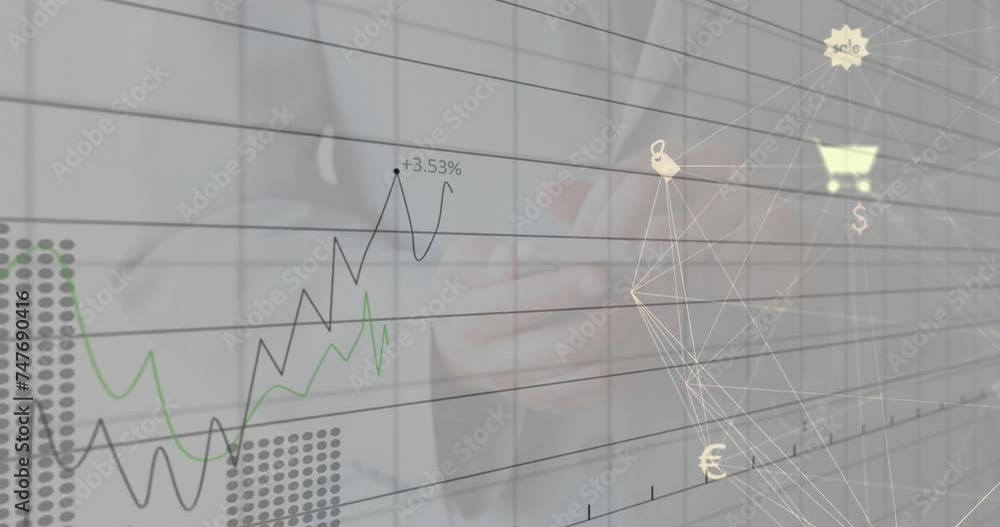 Poster animation of financial data processing over businessman using smartphone