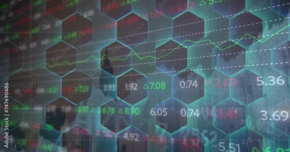 Poster animation of financial data processing over network of hexagons